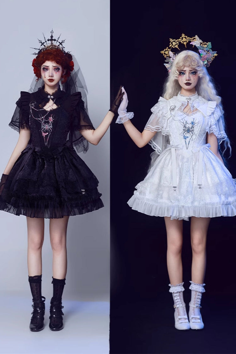 White Sleeveless Spider Embroidery Bowknot Lace Gothic Princess Lolita Skirt Two-piece Set