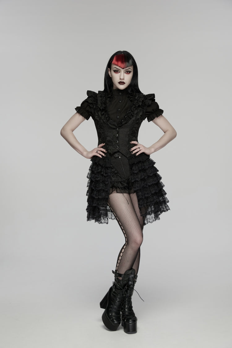 Black V Collar Short Sleeves High Waisted Jacquard Ruffled Cut-Out Embroidered Lace Slim Women's Gothic Vest