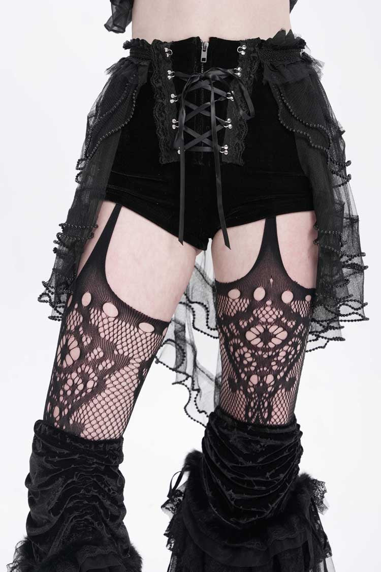 Black Ruffle Stitching Lace-Up Mesh Women's Gothic Shorts
