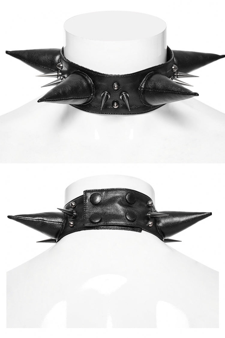 Black Cracked Leather Metal Nail Decoration Men's Steampunk Pointed Choker