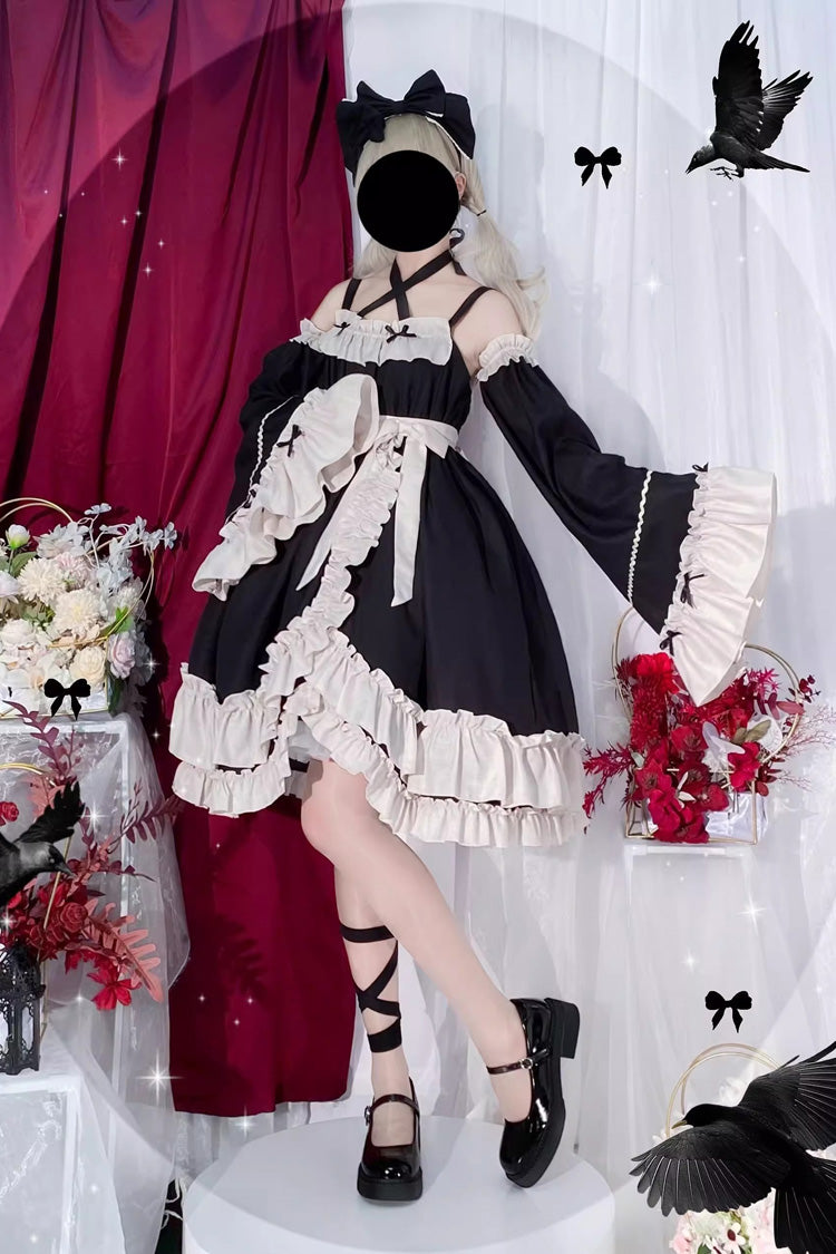 Black [Monet Estate] Sleeveless High Waisted Ruffle Bowknot Asymmetric Gothic Lolita Jsk Dress