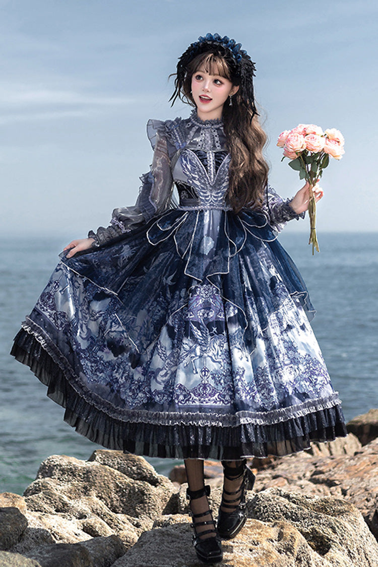 Blue [Angel Garden] Print Ruffle Bowknot Asymmetric Classic Elegant Lolita Jsk Dress