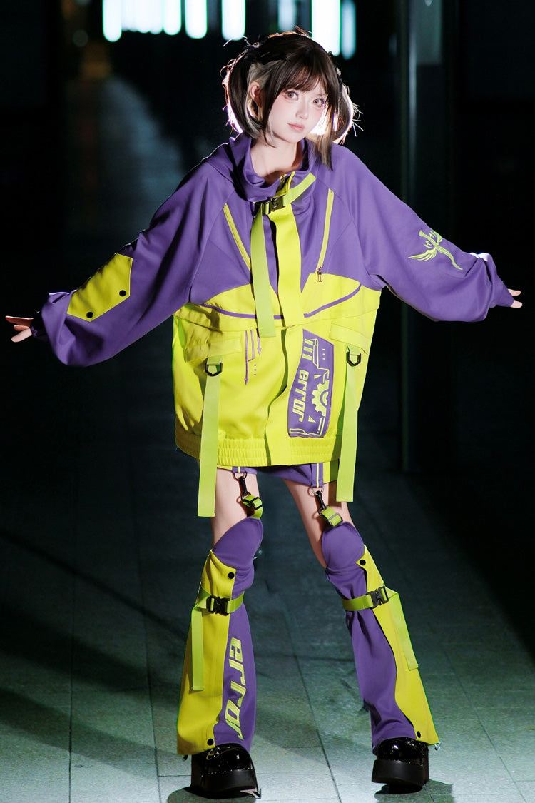Neon Purple/Green [Zero-Type Transformation] Techwear Long Sleeves Embroidered Hooded Punk Jirai Kei Shorts Coat Set