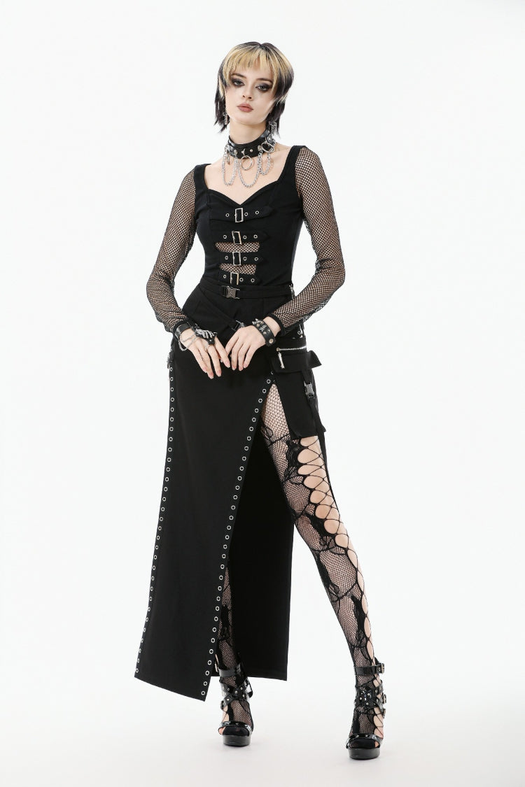 Haut punk pour femmes en maille noire épissé à manches longues avec sangle à boucle et œillets