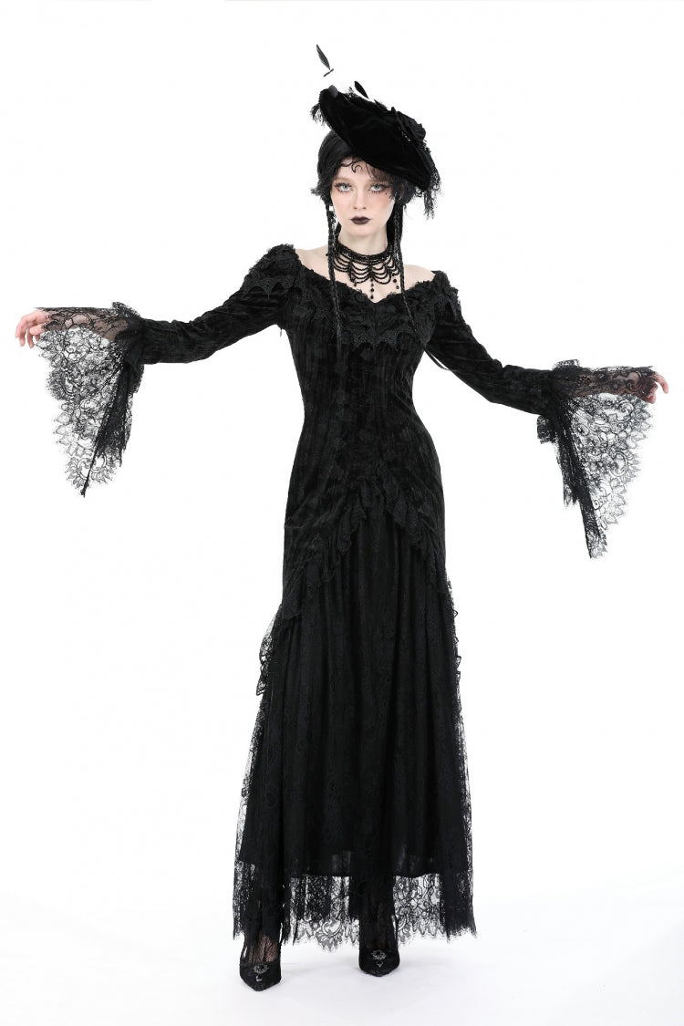 Robe moulante gothique noire en dentelle à épaules dénudées et manches longues trompette à lacets pour femmes