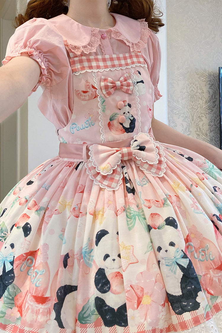 Panda Peach Print Bowknot Sweet Lolita Strap Dress 3 Colors