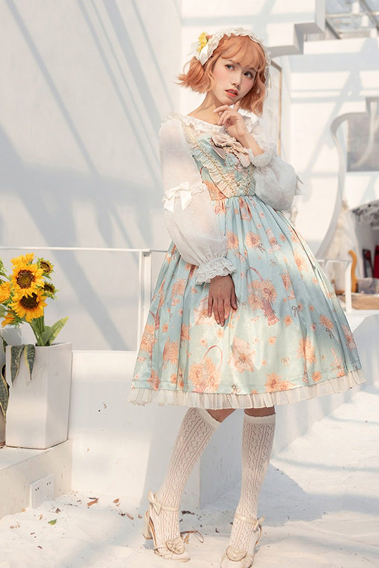 Green [Miss Sunflower] Sleeveless Printed Ruffled Bow Sweet Lolita Jsk Dress