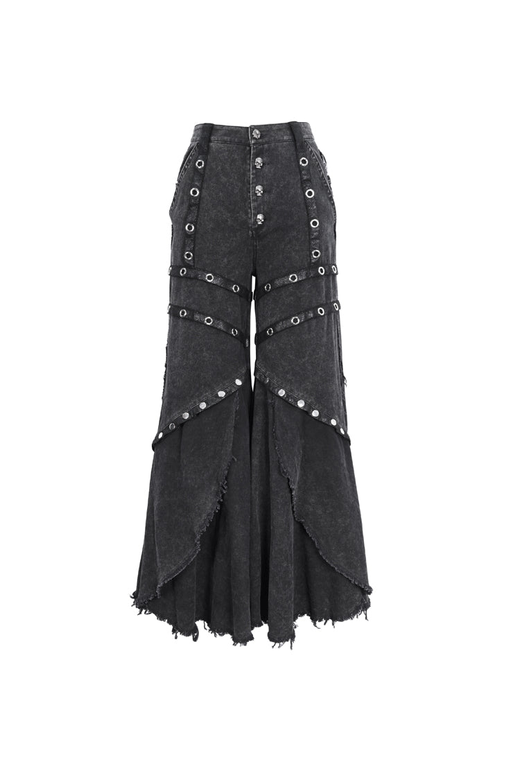 Black Mesh Eyelets Ruffled Flared Womens Punk Pants