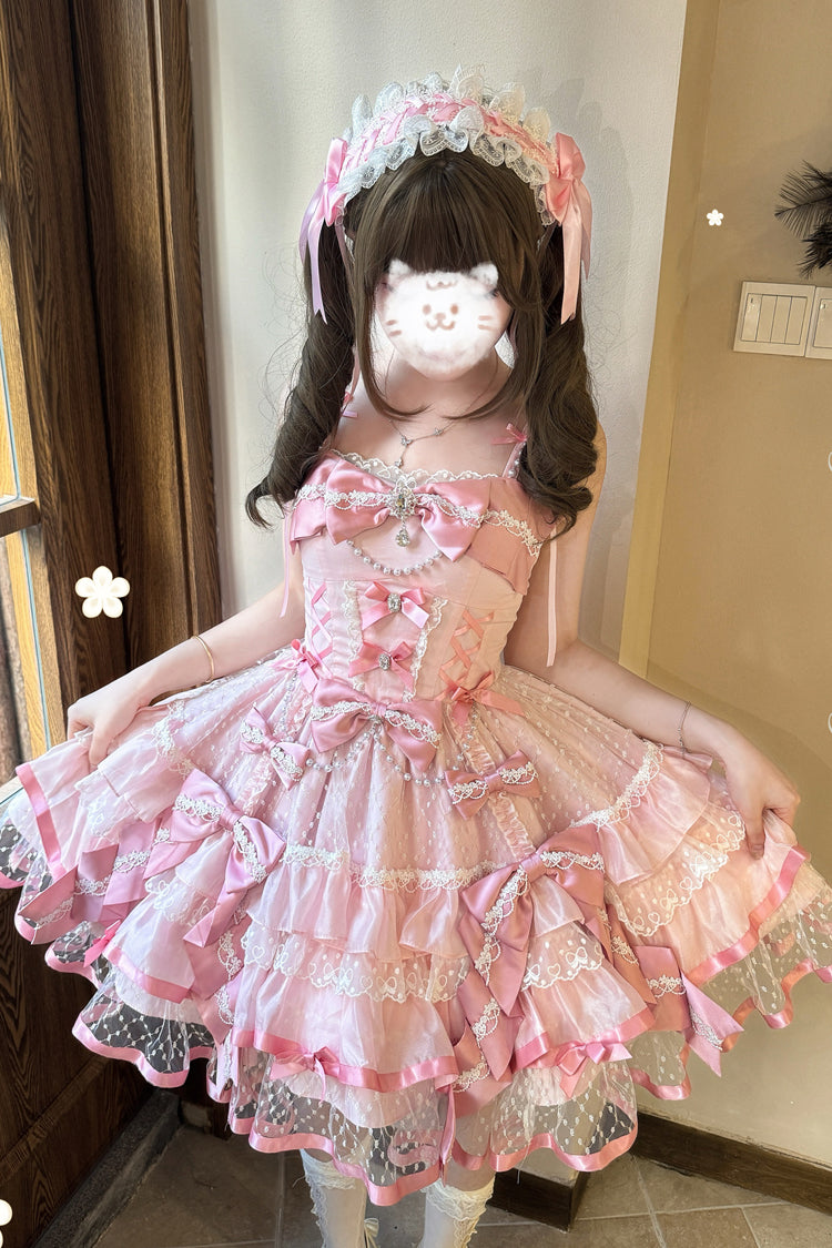 Pink [Gem Love] Sleeveless Triple-Layered Ruffle Bowknot Lace Sweet Ballet Lolita Jsk Dress