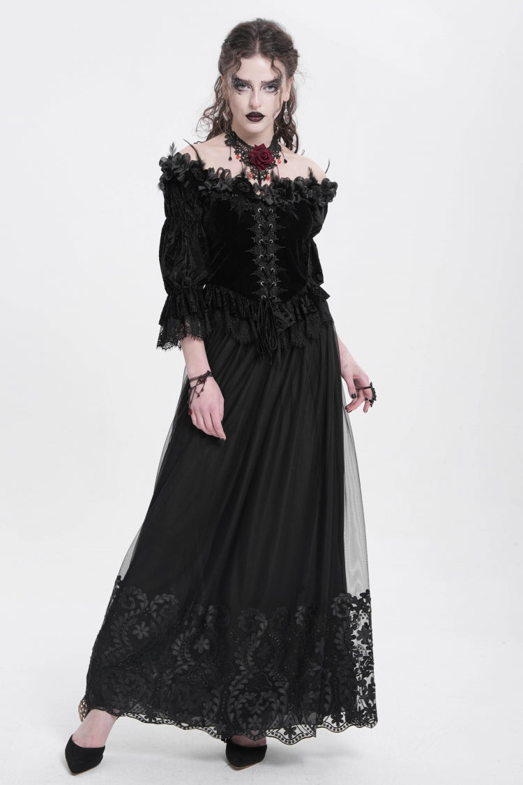 Black Stitching Floral Mesh Women's Gothic Skirt