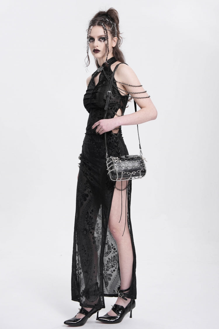 Black Halterneck Sleeveless Cheongsam Collar Side Slit Embroidery Women's Gothic Dress