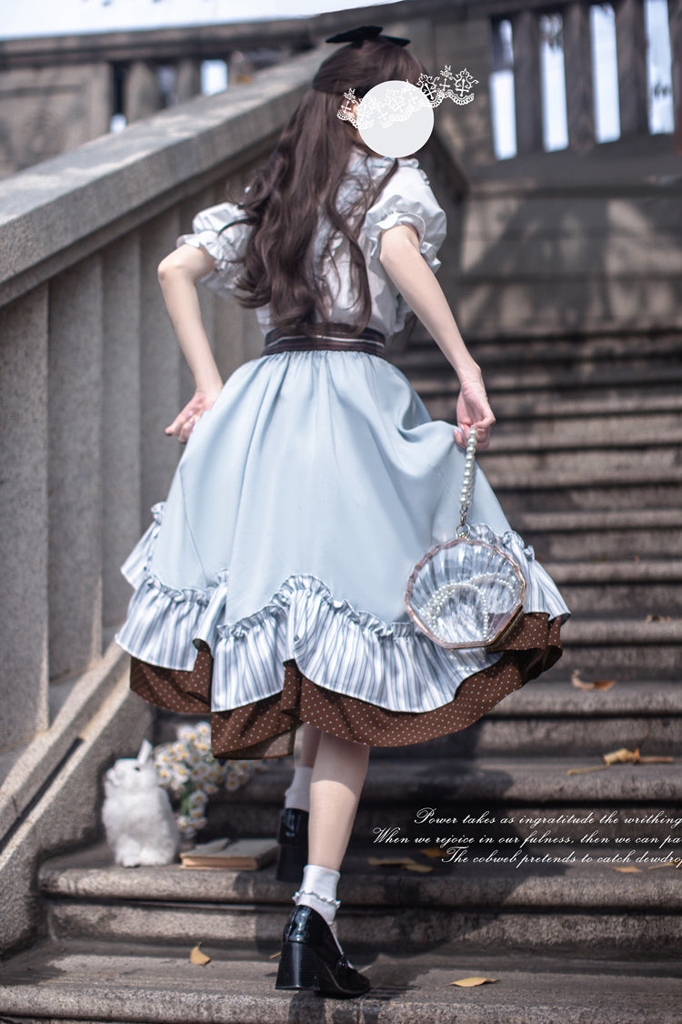 Blue [Magic Vocal Club] Sleeveless Print Ruffle Bowknot Sweet Alice College Style Elegant Lolita Jumper Dress