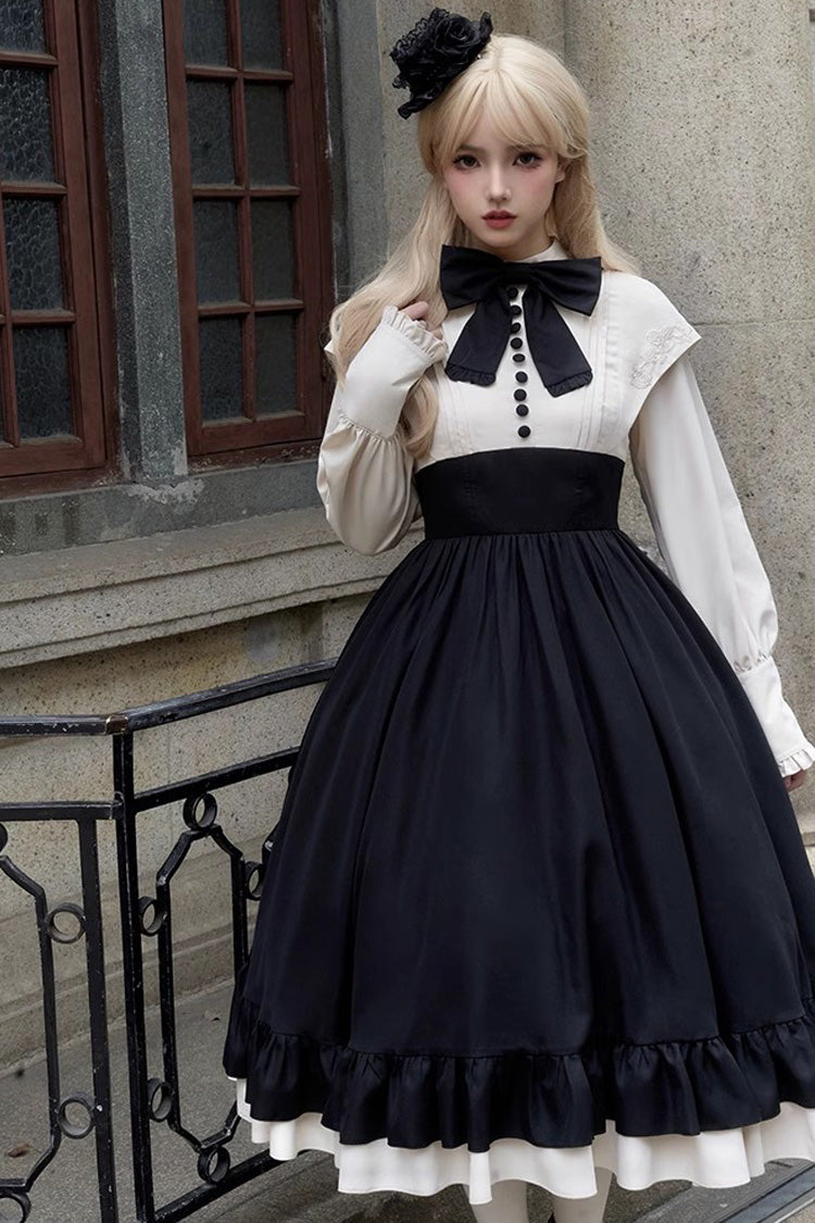 Rose Embroidery Long Sleeves Ruffle Bowknot Fake Two Pieces Elegant Lolita Dress 2 Colors