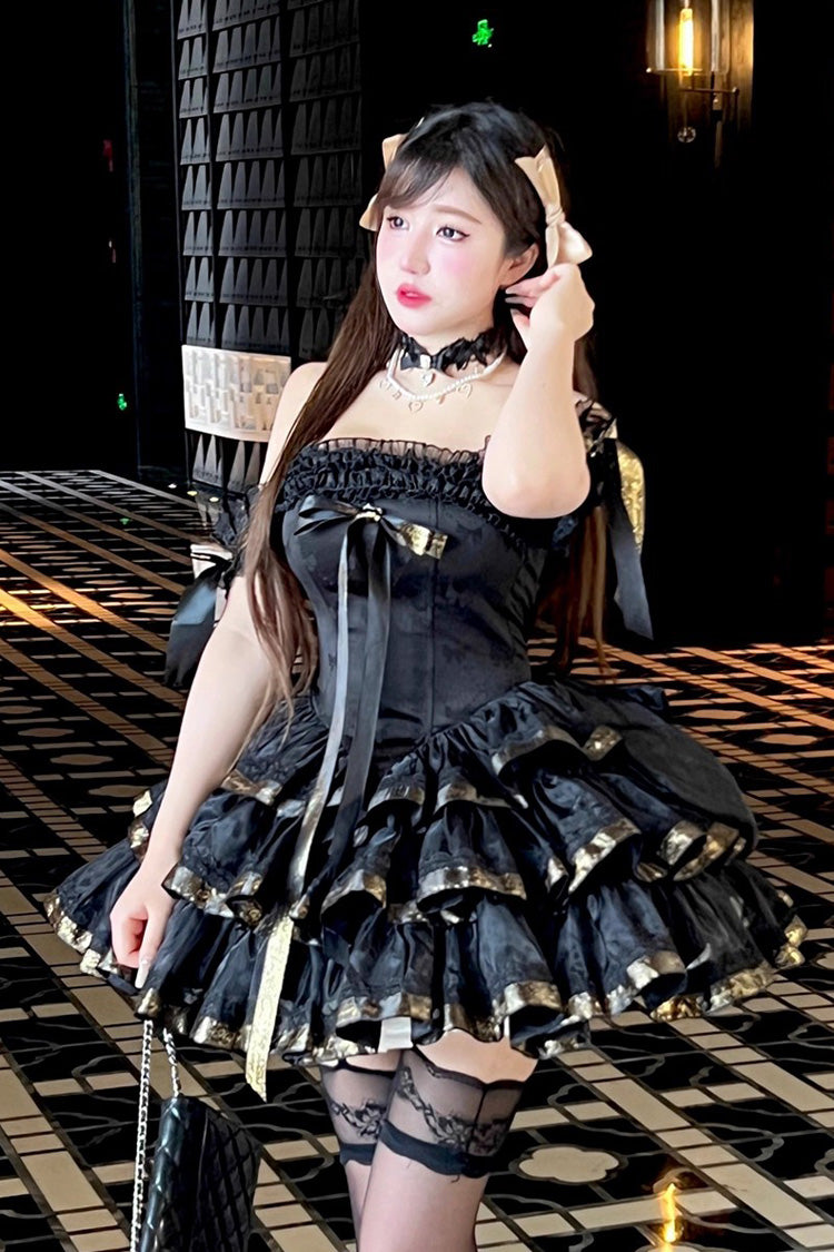 Black [Princess Ribbon] Off Shoulder Triple-Layered Ruffle Bowknot Sweet Lolita Dress