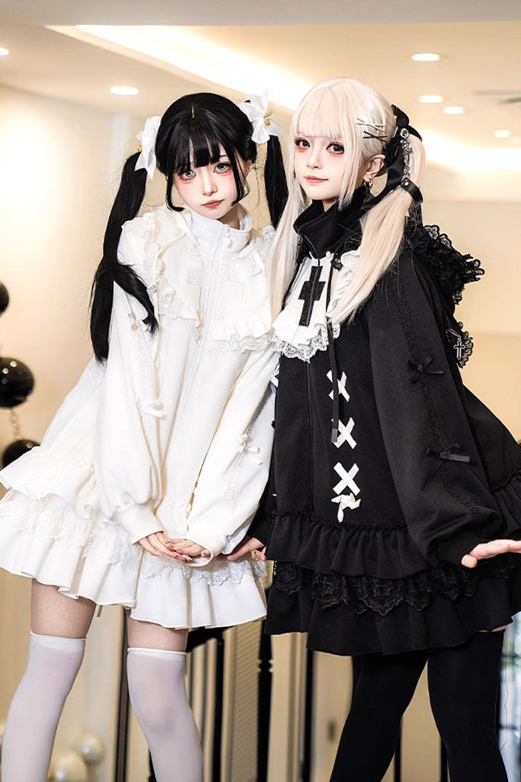 Black Long Sleeves Ruffle Zipper Sweet Handsome Lolita Sweatshirt Coat