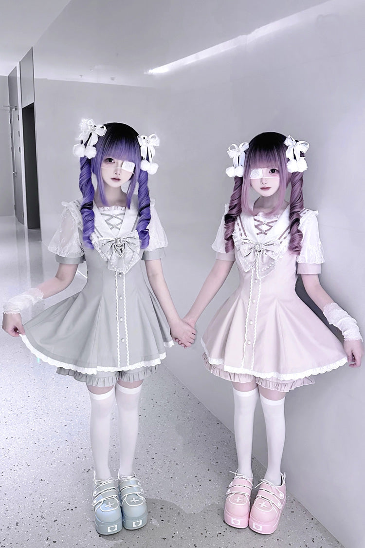Sweet Short Sleeves Print Bowknot Jirai Kei Japanese Dress Set 3 Colors