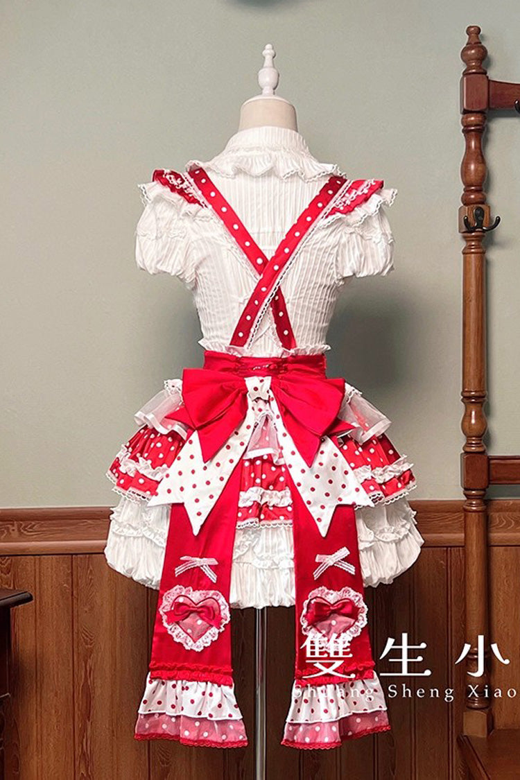 Red/White [Twin Bears] Birthday Cake Sleeveless Print Ruffle Bowknot Lace Sweet Lolita Small Flower Bud Dress