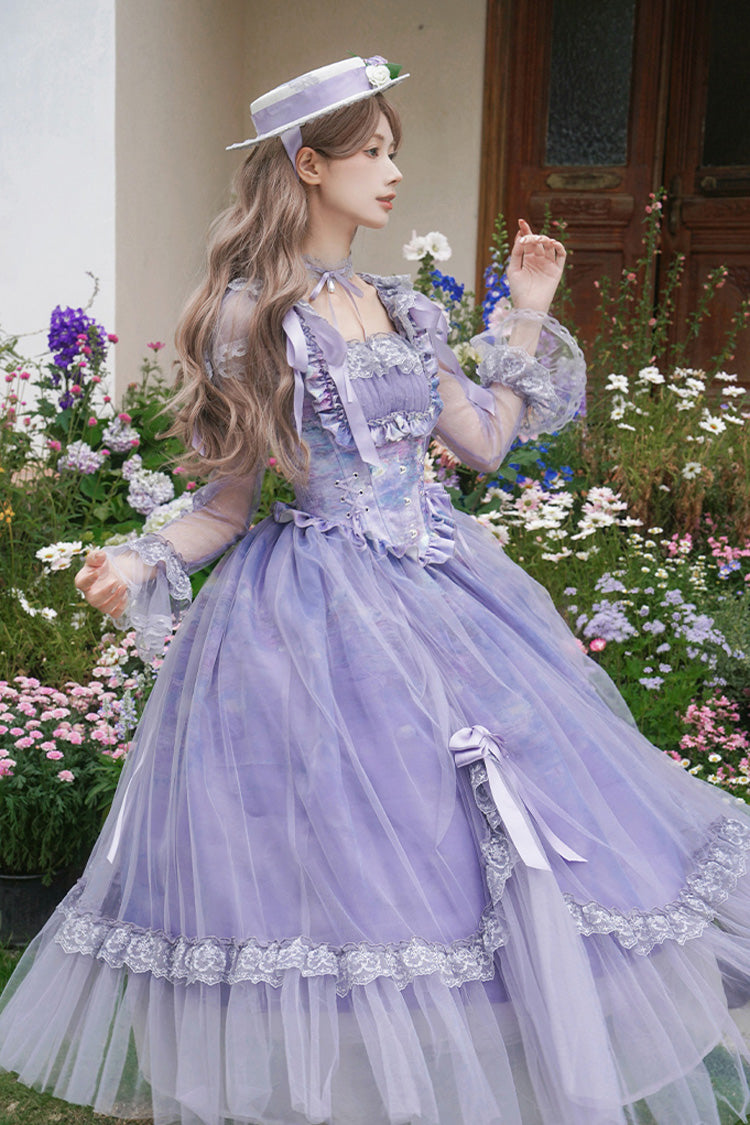 Robe Sweet Lolita en dentelle avec col carré violet, manches longues, volants, nœud papillon et arêtes de poisson 