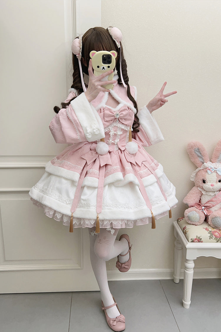 Pink [Snow Rabbit] Long Sleeves Ruffle Bowknot Fake Two Pieces Sweet Lolita Dress