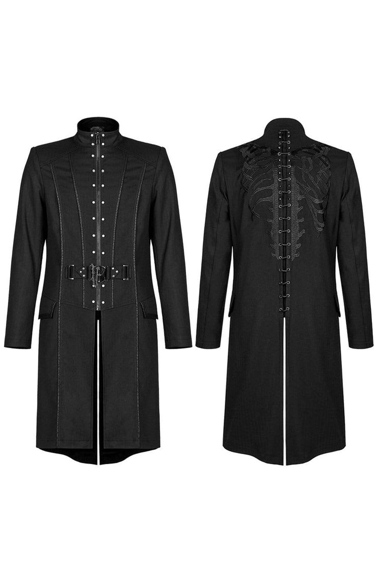 Black Punk Stand Collar Skeleton Embroidery Frenulum Metal Rivet Zippe Slim Fit Mid Length Men's Coat