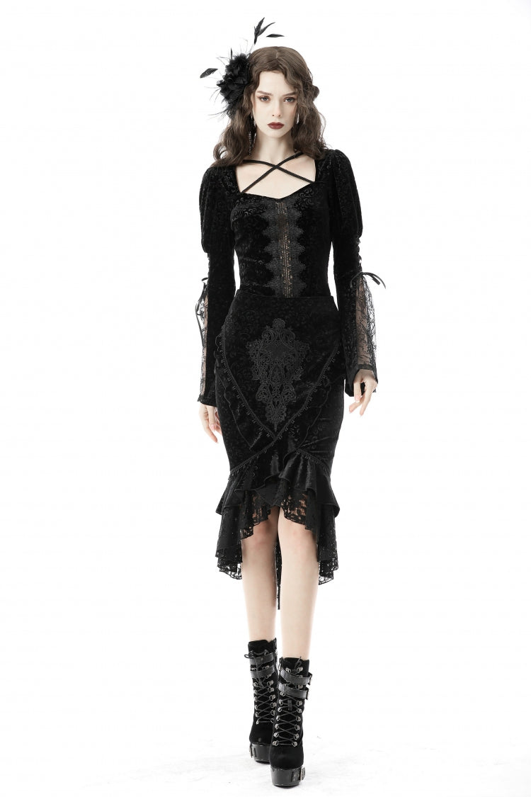Schwarzer Damen-Gothic-Schwalbenschwanz-Wickelrock aus Jacquard-Spitze mit Schnürung