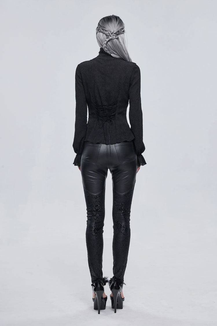 Black Lace High Neck Three Dimensional Embroidered Lantern Trumpet Sleeves Women's Gothic Shirt