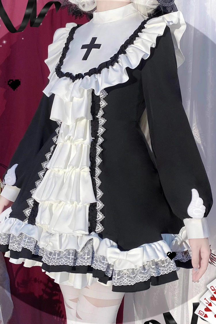 ホワイト/ブラック長袖多層クロスプリント修道女スタイルフリルゴシックロリータドレス