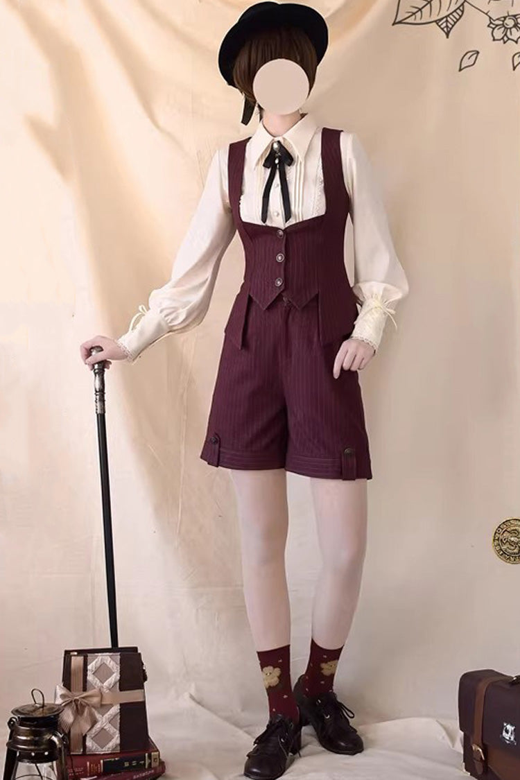 Red [Griffin’s Pact] Bust Support Striped Printed Gothic Ouji Lolita Shorts Vest Set