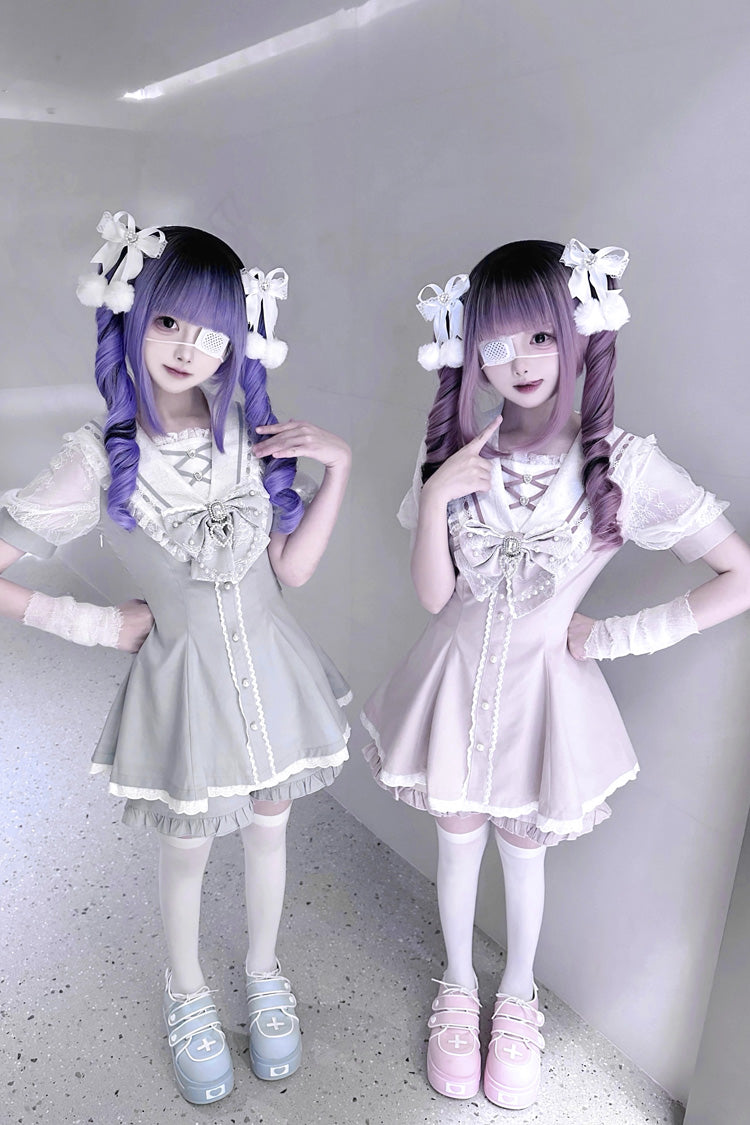 Sweet Short Sleeves Print Bowknot Jirai Kei Japanese Dress Set 3 Colors
