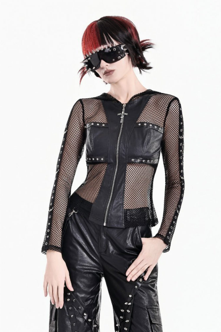 Black Hooded Long Sleeves Fishnet Mesh Faux Leather Studded Zipper Women's Gothic Punk Top