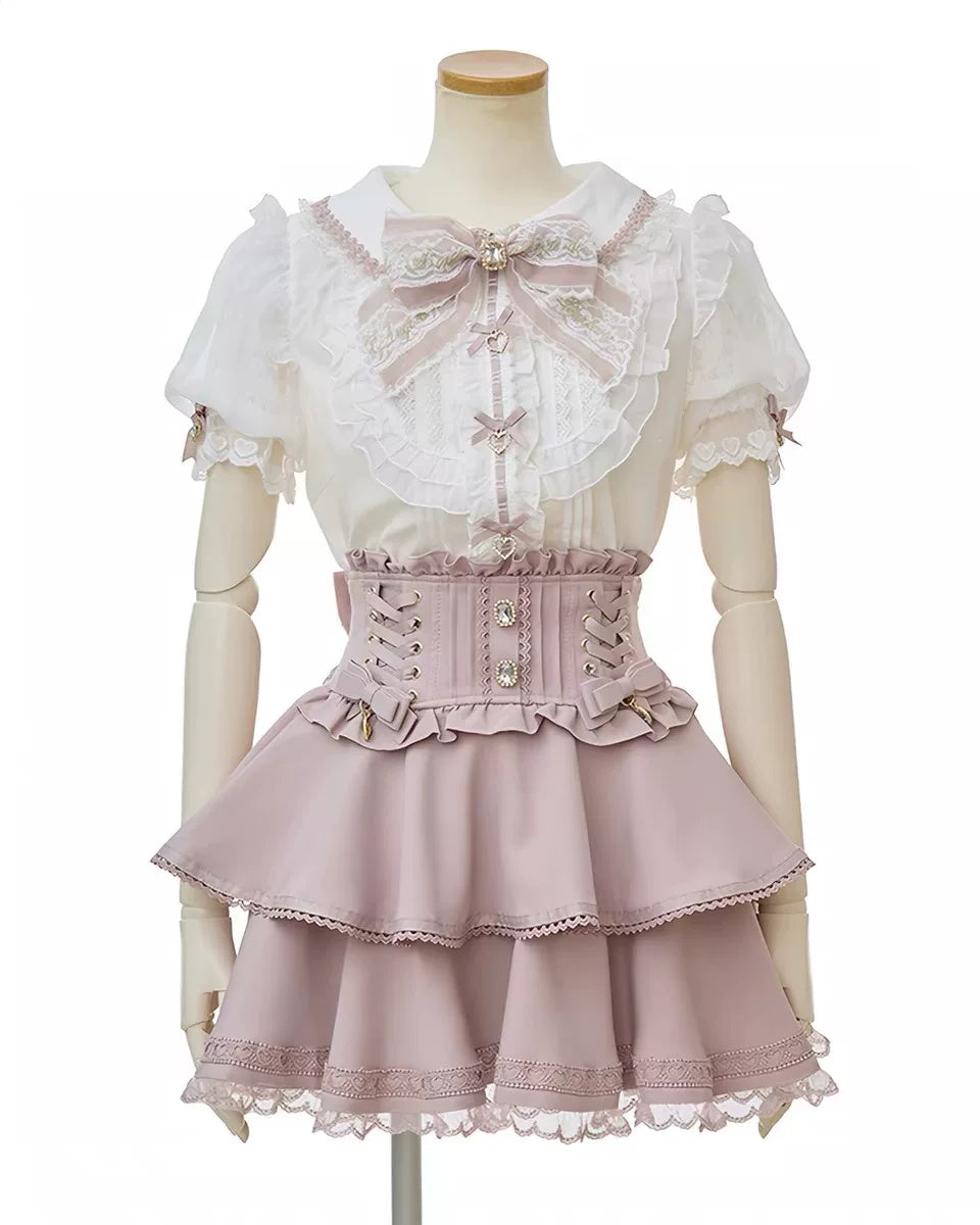 Japanese Lapel Collar Short Sleeves Ruffled Embroidered Bow Lace Plus Size Sweet Jirai Kei Skirt Set 3 Colors
