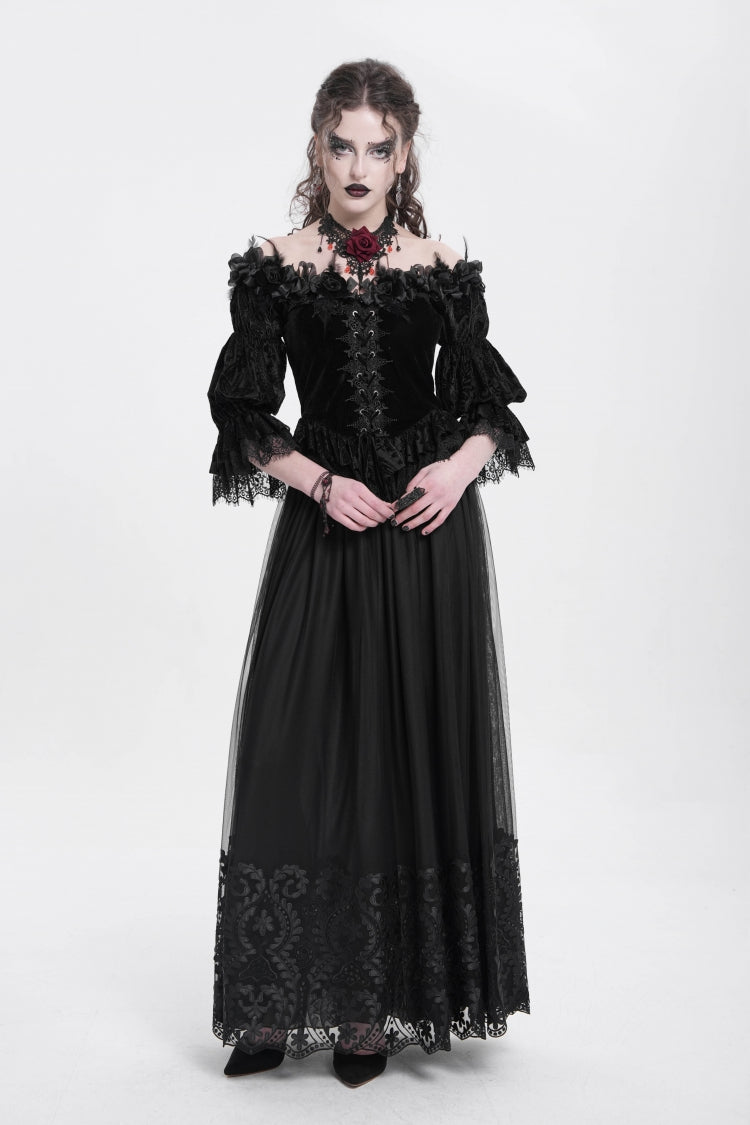 Black Off Shoulder Long Sleeves Ruffle Embroidery Lace-Up Women's Gothic Blouse