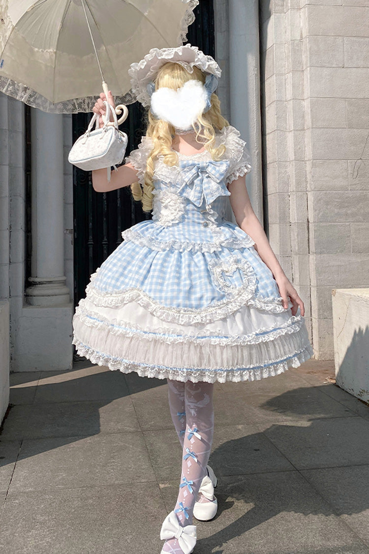 Blue [Tea Break Sweetheart] Short Sleeves Multi-Layered Plaid Print Ruffle Sweet Lolita Dress