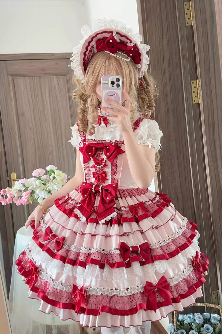 Red [Ribbon Berries] Sleeveless Multi-Layered Ruffle Bowknot Lace Sweet Lolita Jsk Dress