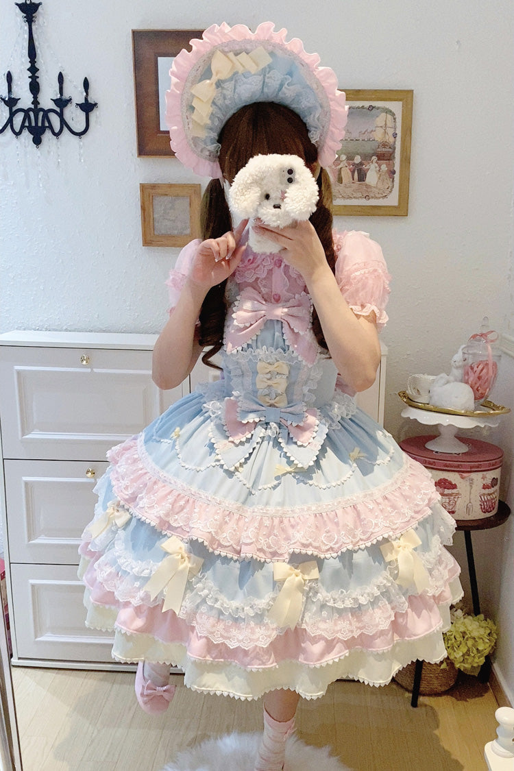 Robe Jsk Sweet Lolita en dentelle avec nœud à volants multicouches sans manches bleu/rose [gâteau fondant] 