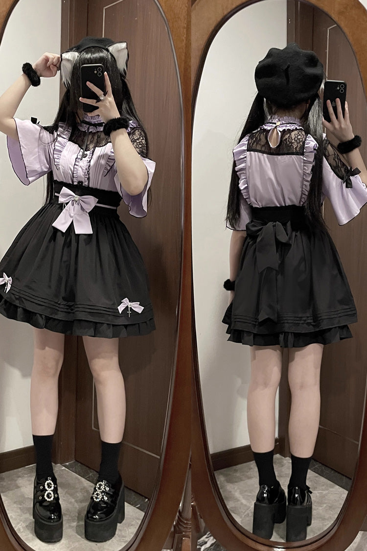 Magical Girl Short Sleeves Ruffle Embroidery Bowknot Lace Sweet Jirai Kei Lolita Set 4 Colors