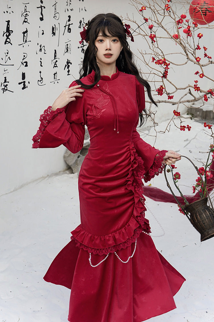 Red Long Sleeves Ruffle Embroidery Bowknot Lace Classic Chinese Style Elegant Lolita Dress