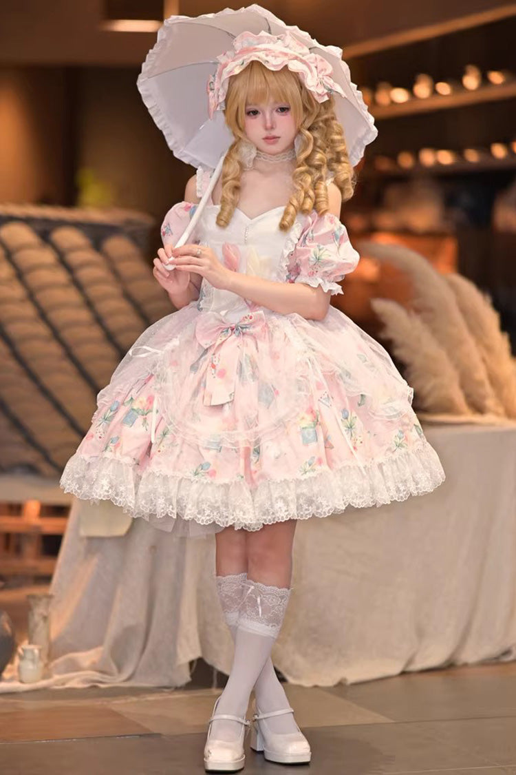 Rosa [Buchstabe der Tulpe] Schulterfreies, kurzes Ärmel-Druck-Rüschen-Schleifen-Spitze-süßes, elegantes Lolita-Kleid