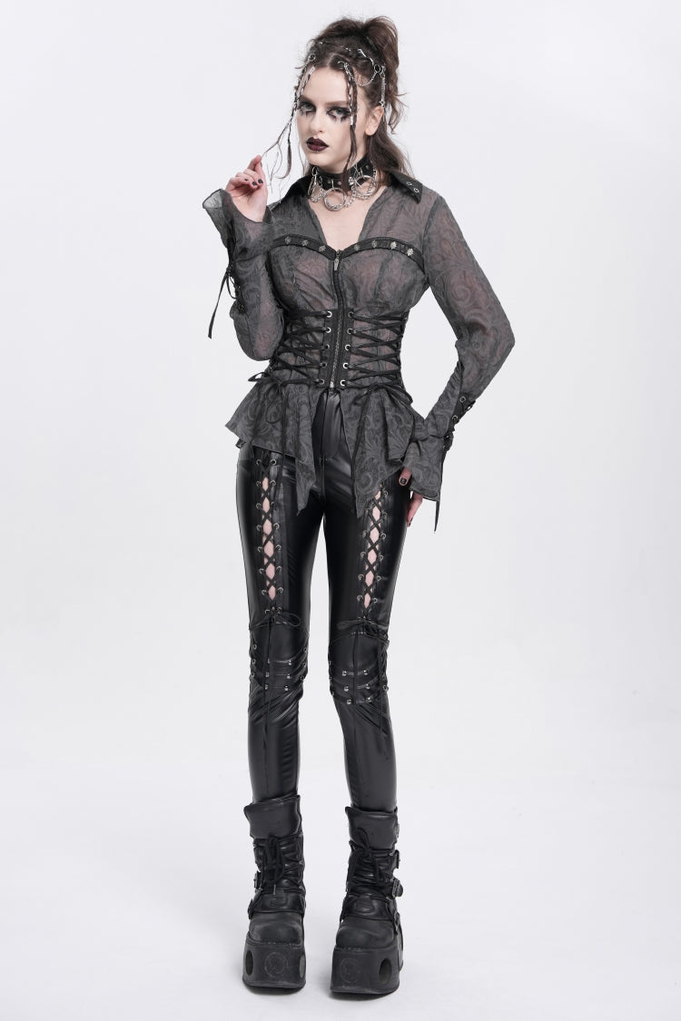 Black Long Sleeves Embroidery Lace-Up Irregular Sheer Women's Gothic Blouse