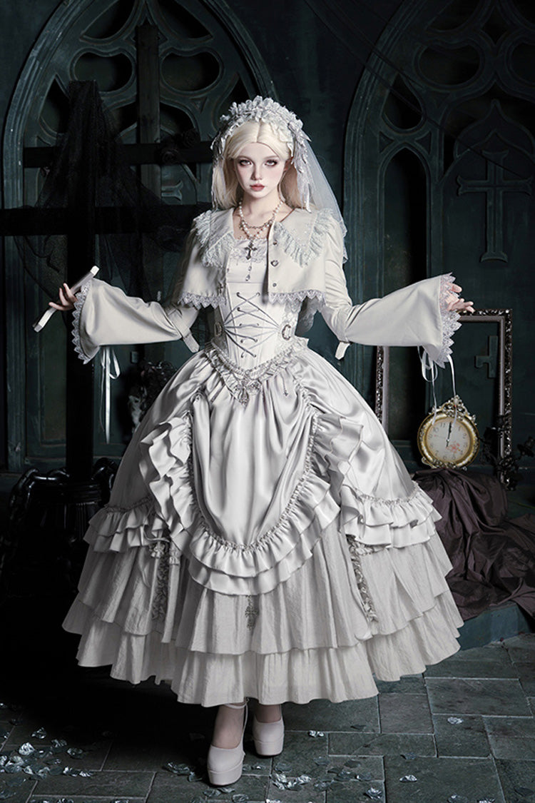 Solid Color [Bionic Doll] Square Collar Multi-Layered Ruffle Bowknot Lace-Up Gothic Lolita Long Skirt Corset Set