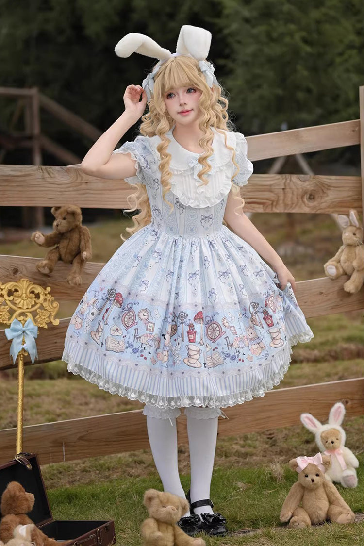 ライトブルー【アリスの幻想物語】ドール襟半袖プリントリボンスイートロリータドレス