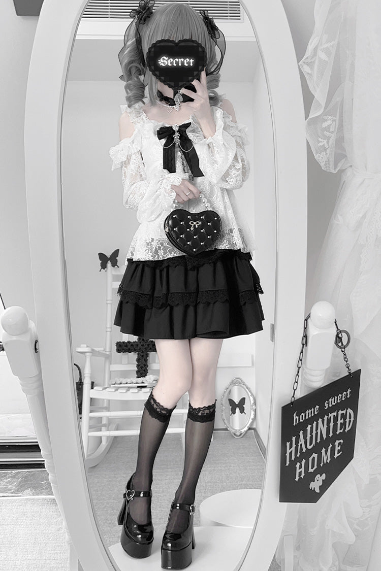 Black Triple-Layered Ruffle Lace Japanese Jirai Kei Skirt