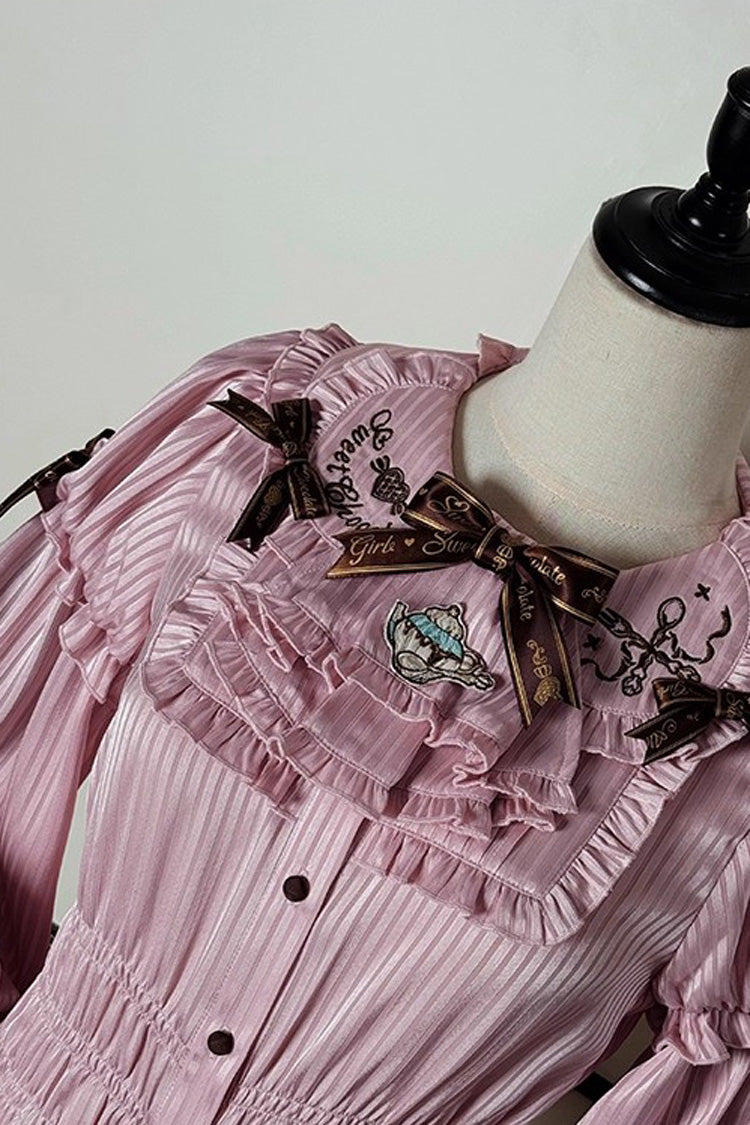[Teddy Bear Chocolate] Round Collar Long Trumpet Sleeves Ruffle Bowknot Sweet Lolita Blouse 3 Colors