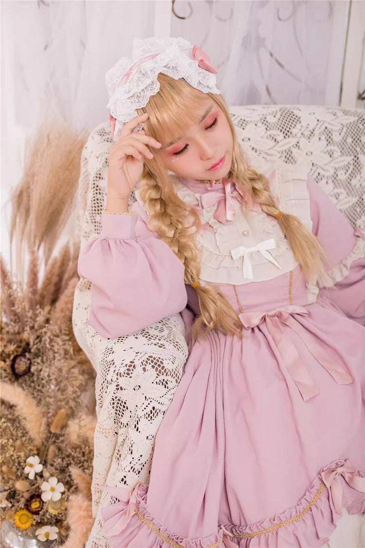 Pink Long Sleeves Ruffle Bowknot Daily Sweet Princess Lolita Dress