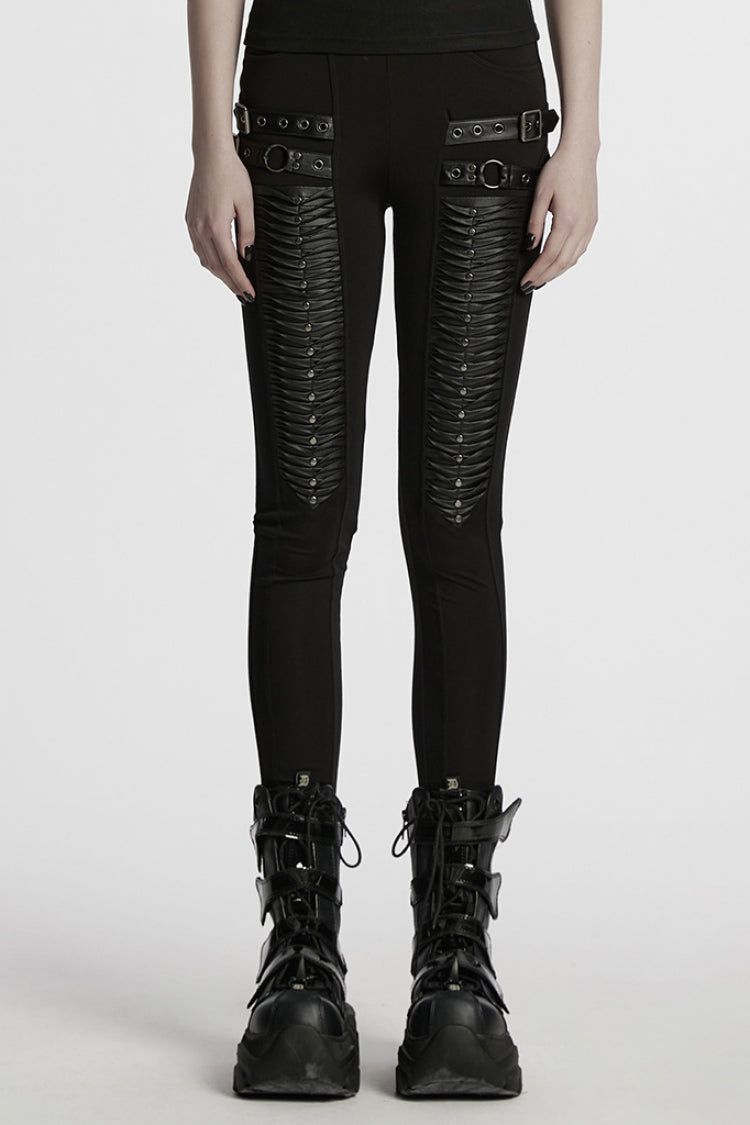 Black Buckle Straps Pleated Women's Punk Leggings