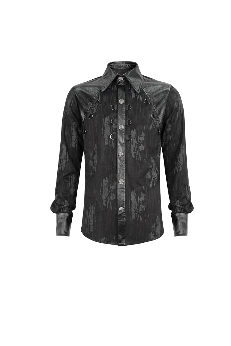 Black Ribbed Metal Chain Hand-Painted Velveteen Paneled Leather Men's Punk Shirt