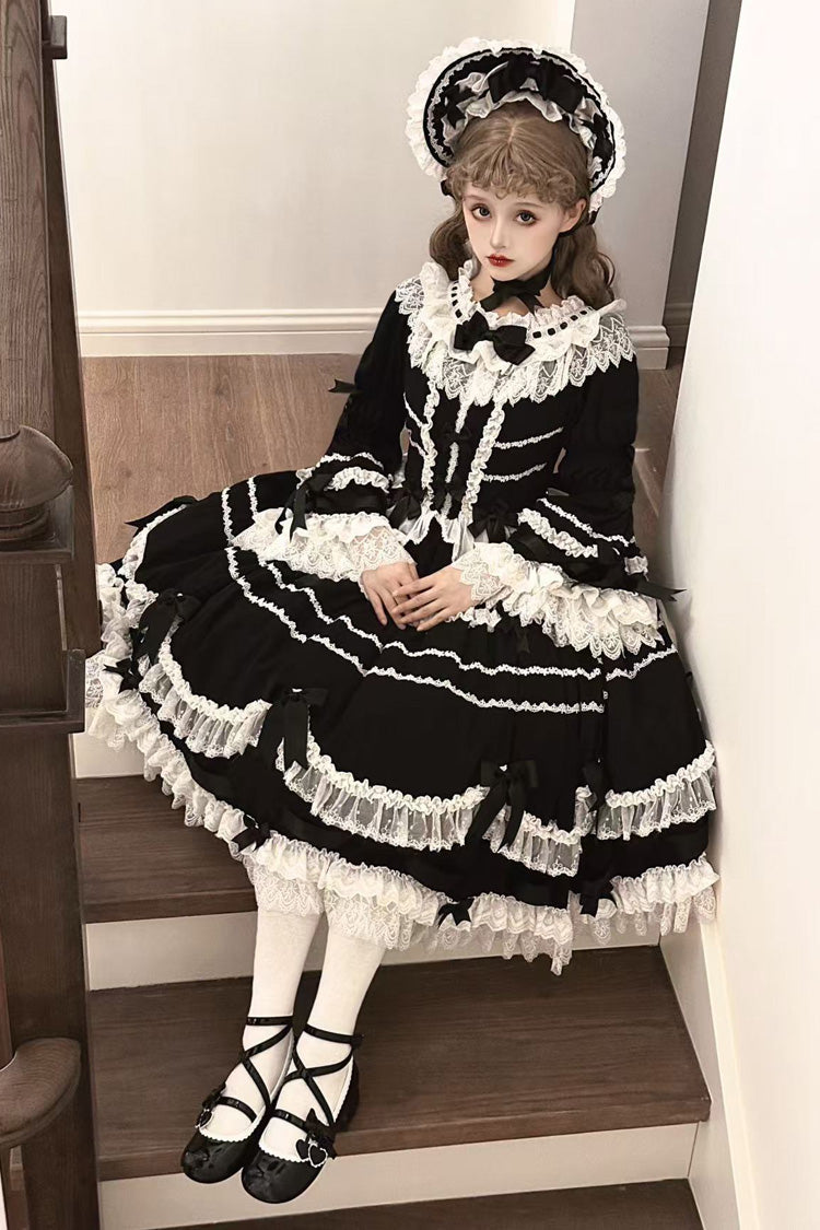 Schwarzes Kleid mit rundem Kragen, langen Trompetenärmeln, Hanayome-Schleife, Spitze, tägliches süßes elegantes Prinzessin-Lolita-Kleid 
