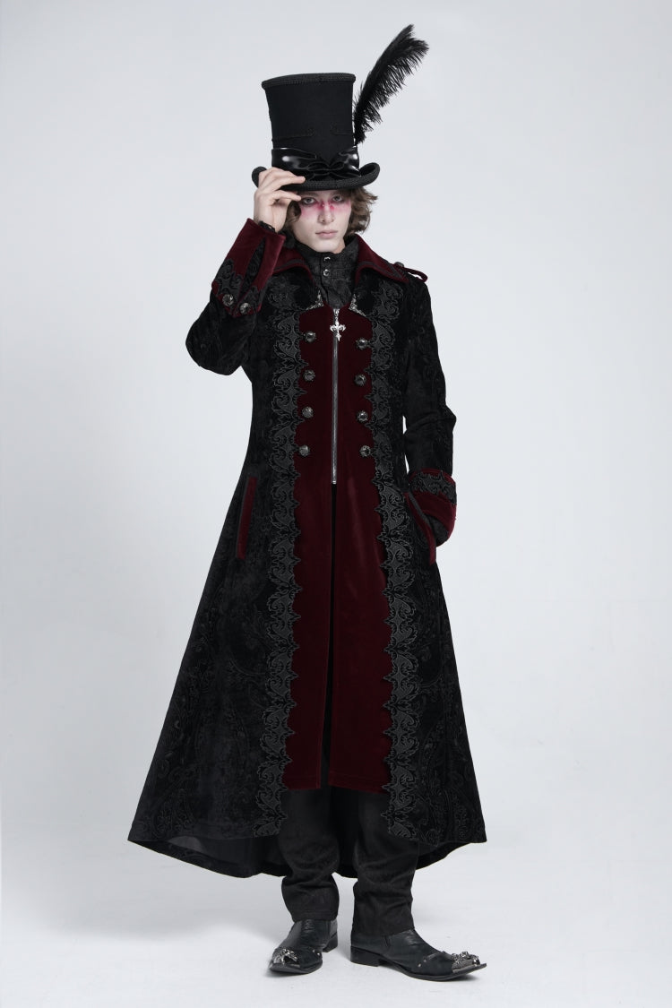 Black/Red Lapel Collar Embroidery Zipper Men's Gothic Handsome Coat