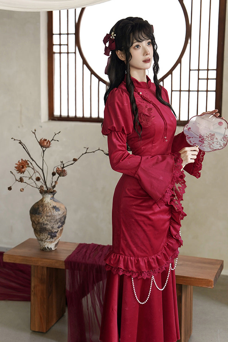 Red Long Sleeves Ruffle Embroidery Bowknot Lace Classic Chinese Style Elegant Lolita Dress
