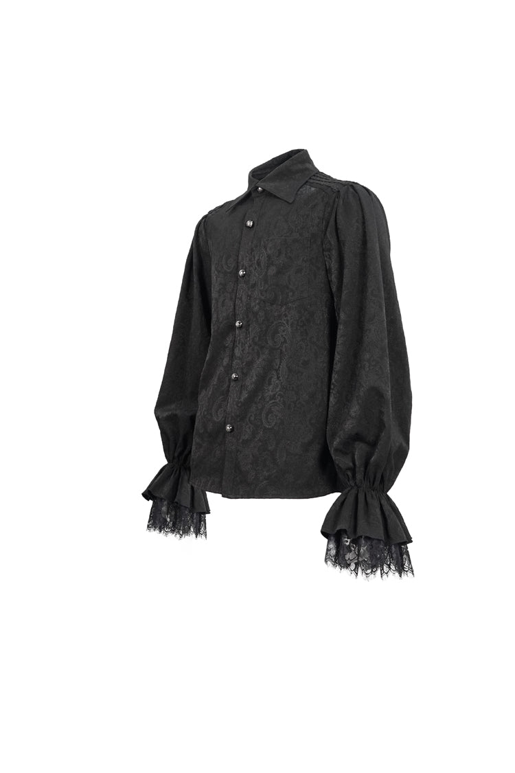 Black Lapel Collar Puff Sleeved Lace Hem Men's Gothic Shirt